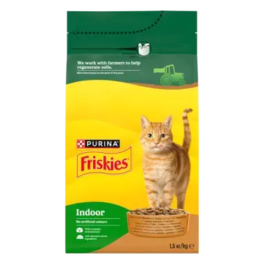 Friskies® Indoor (Індор). З куркою, індичкою та овочами. Сухий повнораціонний корм для дорослих котів, що живуть вдома.