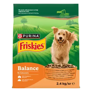 Friskies® Balance (Баланс). З Куркою, Яловичиною та Овочами. Сухий повнораціонний корм для дорослих собак.