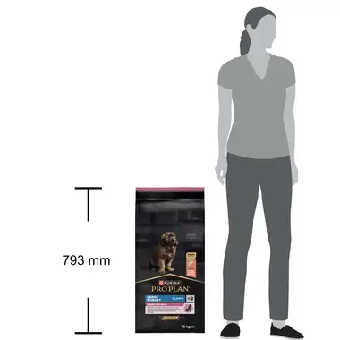 PURINA® PRO PLAN®. Сухий повнораціонний корм для цуценят великих порід масивної статури з чутливою шкірою. З лососем. Розмір