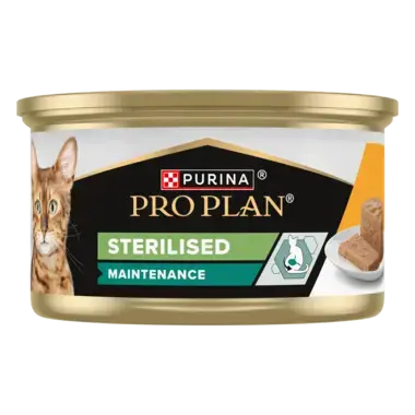 PURINA® PRO PLAN®. Консервований повнораціонний корм для дорослих стерилізованих котів, мус з куркою. баночка