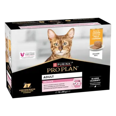PURINA® PRO PLAN® DELICATE (ДЕЛІКEТ) з куркою, мус в банці. Мультипак збоку