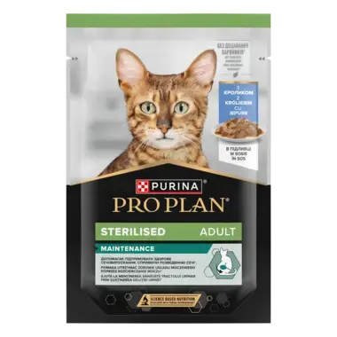 PRO PLAN®. Консервований повнораціонний корм для дорослих стерилізованих котів, з кроликом. Шматочки в підливці упаковка