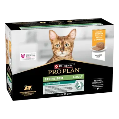 PURINA® PRO PLAN®. Консервований повнораціонний корм для дорослих стерилізованих котів, мус з куркою. мультипак