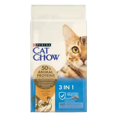 CAT CHOW® Сухий повнораціонний корм для дорослих котів з формулою потрійної дії, з індичкою.