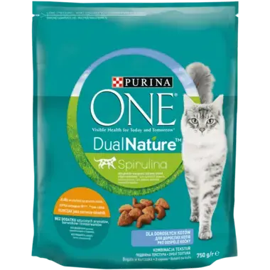 PURINA ONE® DualNature™ зі спіруліною. Сухий повнораціонний корм для дорослих котів з куркою.