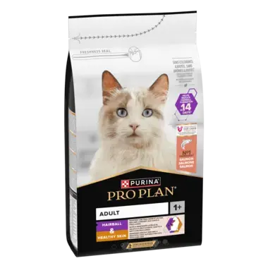 Бік упаковки PURINA® PRO PLAN® Hairball & Healthy Skin (Хейрбол & Хелсі Скін). Сухий повнораціонний корм для дорослих котів