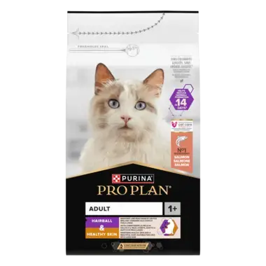 Упаковка PURINA® PRO PLAN® Hairball & Healthy Skin (Хейрбол & Хелсі Скін). Сухий повнораціонний корм для дорослих котів