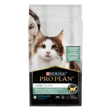 PRO PLAN® LIVECLEAR®. Знижує рівень алергенів на шерсті котів. Сухий повнораціонний корм для стерилізованих котів віком від 7