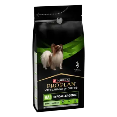Лицьова сторона упаковки PRO PLAN® HA HYPOALLERGENIC. Ветеринарна дієта для собак малих порід