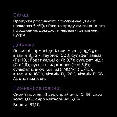 Склад PURINA® PRO PLAN® Hairball Care (Хеірбол Кер). Консервований додатковий корм для дорослих котів