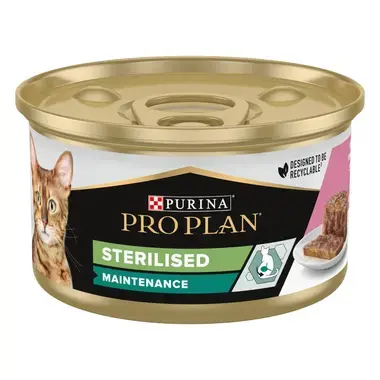 PRO PLAN®. Консервований порційний повнораціонний корм для cтерилізованих котів, з тунцем та лососем. Шматочки у паштеті.