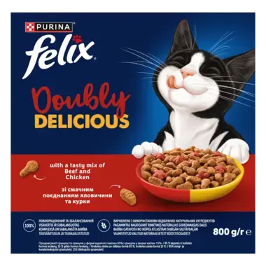 Felix® Doubly Delicious (Даблі Делішес). З яловичиною, куркою та буряком. Сухий повнораціонний корм для дорослих котів 800