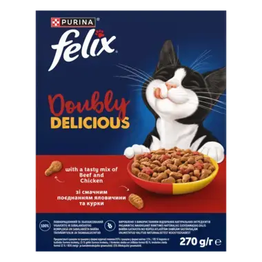 Felix® Doubly Delicious (Даблі Делішес). З яловичиною, куркою та буряком. Сухий повнораціонний корм для дорослих котів 270
