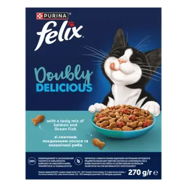 Felix® Doubly Delicious (Даблі Делішес). З лососем, океанічною рибою та буряком. Сухий корм для дорослих котів 270 гр