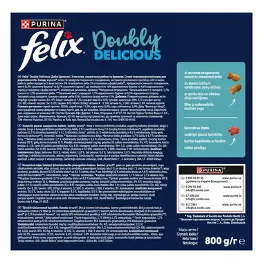 Зворот упаковки Felix® Doubly Delicious (Даблі Делішес). З лососем, океанічною рибою та буряком. Сухий корм для котів