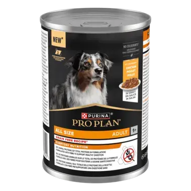 Пакування PURINA® PRO PLAN®. Консервований повнораціонний беззерновий корм для дорослих собак будь-якого розміру, з куркою.