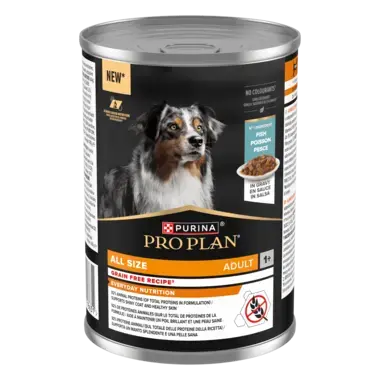 Упаковка PURINA® PRO PLAN®. Консервований повнораціонний беззерновий корм для собак з рибою у підливі